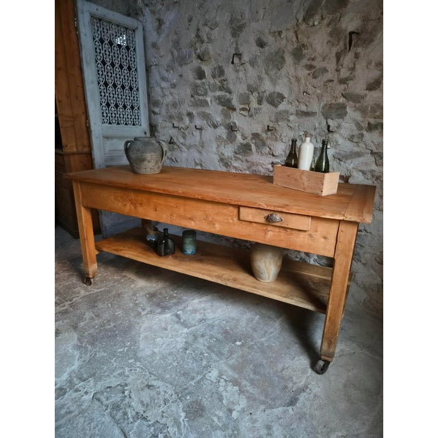 Rustic Antique Cherry Wood Kitchen Island Work Table with Drawers, 1890s For Sale - Image 3 of 18