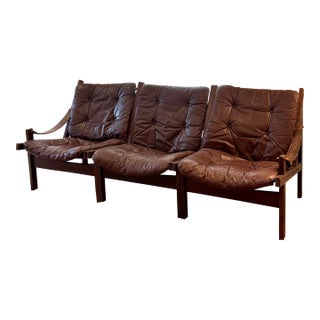 Beautiful Vintage Three Seat High Back “Hunter” Sofa in Leather Attributed to Torbjørn Afdal, Made in Norway, Circa 1960s For Sale
