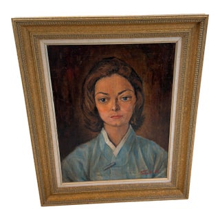 Midcentury Oil Portrait of a Woman Beautifully Framed For Sale
