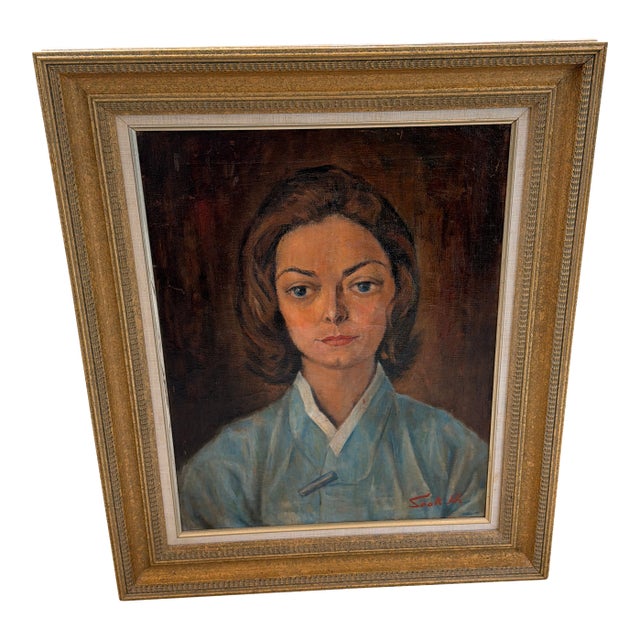 Midcentury Oil Portrait of a Woman Beautifully Framed For Sale