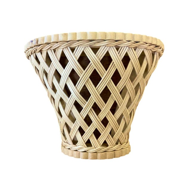 Rattan Woven Trellis Wall Bracket. Scalloped Shelf Top and Base. Braided Trim. Looks Great in Pairs or Multiples.
