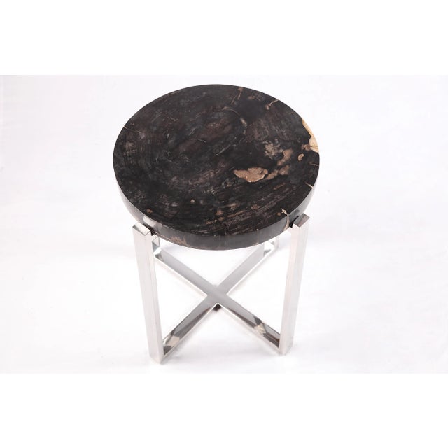 2020s Round Petrified Wood Top W Stainless Steel Stand Accent Table or Side Table 65 For Sale - Image 5 of 5