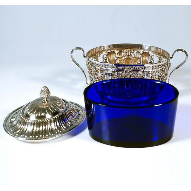 Art Nouveau Silver Sugar Bowl with Blue Glass Liner, France, 1900s For Sale - Image 5 of 9
