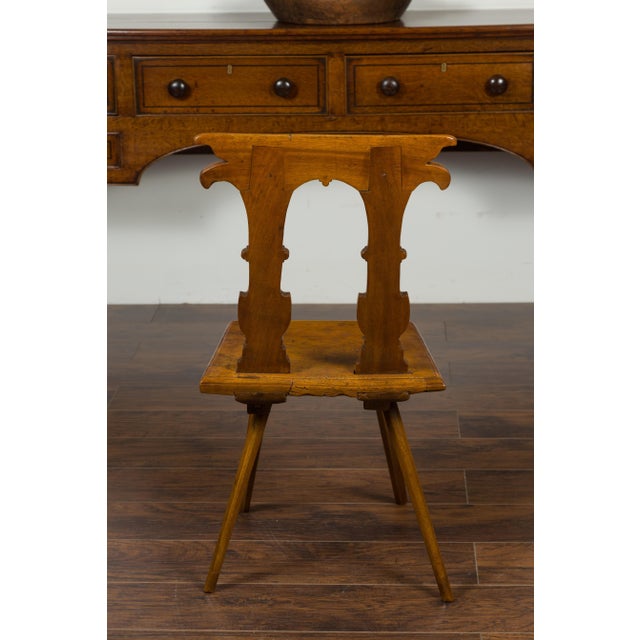 Mid 19th Century English 1850s Oak Chair with Pierced Back, Carved Inscription and Wooden Seat For Sale - Image 5 of 12