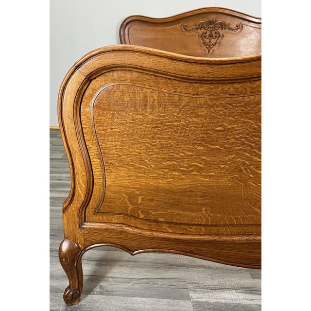 Vintage French Louis XVI Style Double Bed Frame in Oak with Carved Headboard For Sale - Image 4 of 10