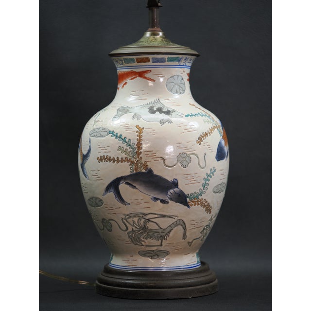 Vintage Famille Rose Style Import Chinese Koi Fish Porcelain Table Lamp For Sale - Image 4 of 9