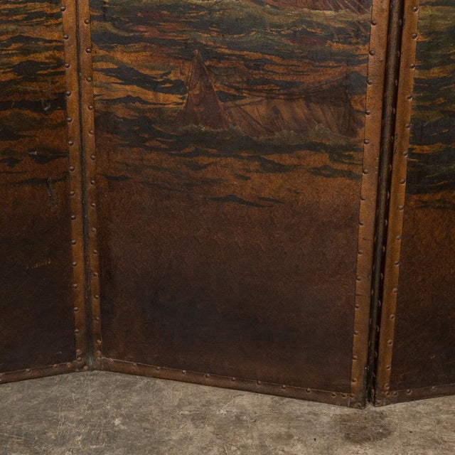 20th Century Oil Painted on Leather Room Screen, 1920s For Sale - Image 4 of 18