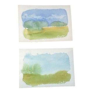 “Quiet Fields” Signed Original Minimalist Watercolor Paintings—set of Two For Sale