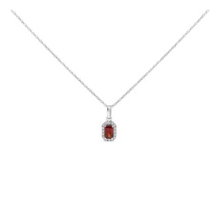 10K White Gold 5x3mm Red Garnet and Diamond Accent Halo Octagonal Shape 18" Pendant Necklace (I-J Color, I1-I2 Clarity) For Sale