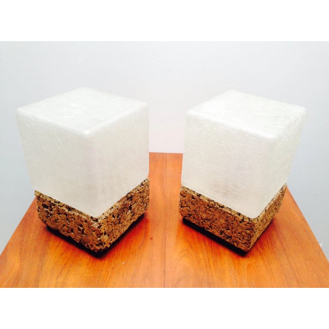 These are an absolutely stunning pair of Mid Century table lamps in the form of "ice cubes." The glass cubes are made of a...