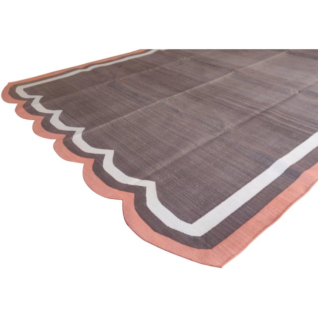 Contemporary Handmade Cotton Scalloped Rug, Brown with Cream and Terra Cotta Trim 6'x9' For Sale - Image 3 of 10