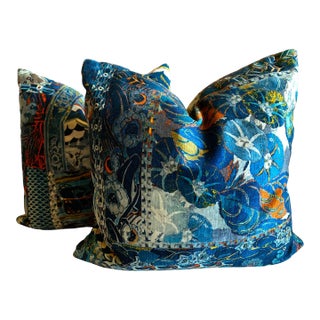 G P & J Baker "Barcelona" Lush Floral Abstract Digital Print Velvet 18" Pillows - A Pair For Sale