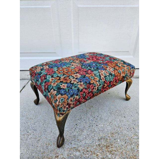 Floral Print Footstool With Brass Colored Legs For Sale - Image 4 of 10