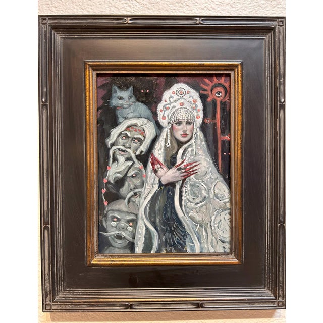 Contemporary Where The Swamps Sing by Nadezda | Oil on panel depicting a mysterious figure with creatures. For Sale - Image 3 of 5