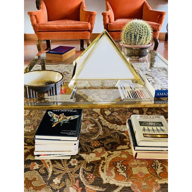 Golden brass Pyramidal table lamp Italy 1970 Engraved on the base “Design Christos 86” Brass, opaline glass. Dimmer...