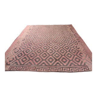 1950s Vintage Dhurrie Flat Weave in Pink With Brown Geometric Patterns by Rug & Kilim For Sale