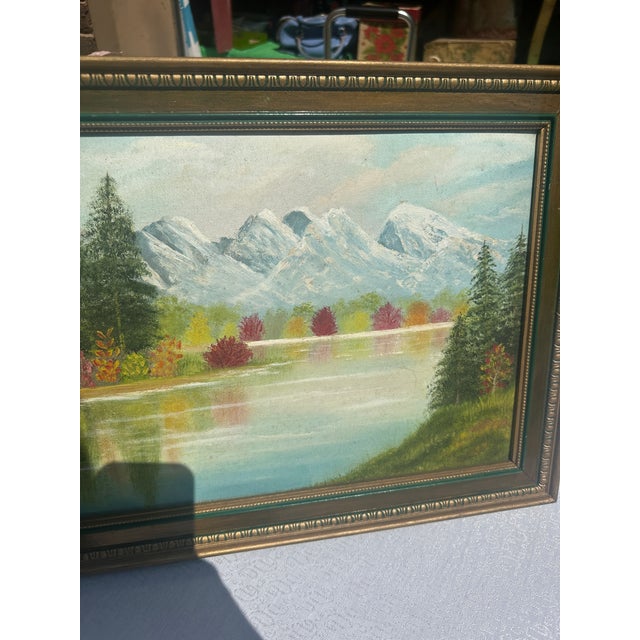 1990s 1990s Gold and Green Framed Riverside Painting With Colorful Foliage and Mountains For Sale - Image 5 of 8