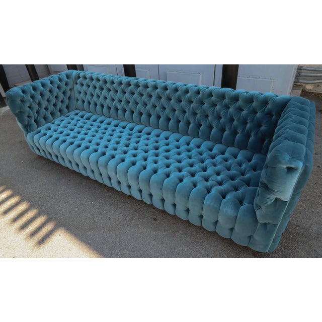 Custom Capitone "Carmen" Tufted Blue Green Velvet Sofa For Sale - Image 10 of 11