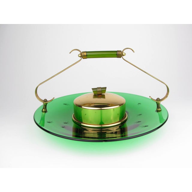 Vintage 1940s Paden City Emerald Glo Green Glass and Brass Tray or Serving Platter by National Silver Company For Sale - Image 4 of 12