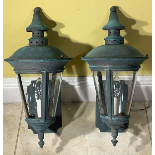 Timeless Elegance: Pair of Antique Verdigris Brass Wall Lanterns For Sale - Image 10 of 12