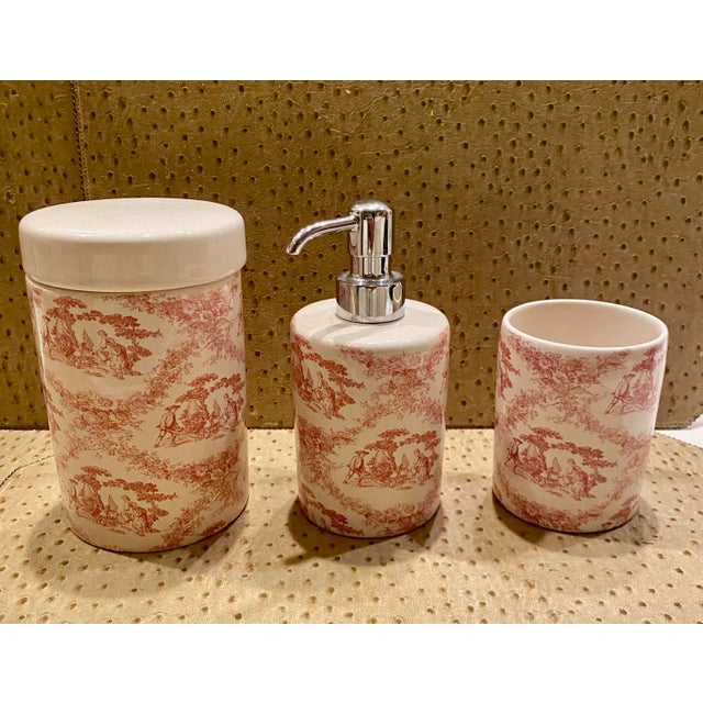 Labrazel 3 piece Toile Bathroom Set in Red Toile. Made in Italy. This SET includes a Soap Dispenser, Cup and Cotton Jar....