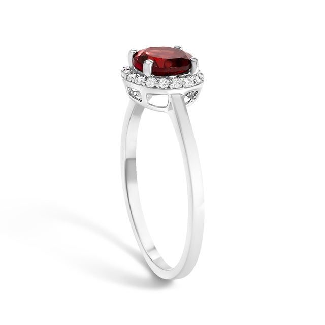 10K White Gold Red Garnet and 1/10 Cttw Diamond Halo Ring For Sale - Image 4 of 7