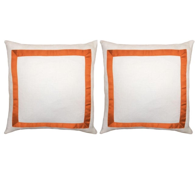 Beautiful white oyster linen pillows with Orange ribbon detailing. Includes down blend pillow fills. 22 x 22 (Pair / Set...