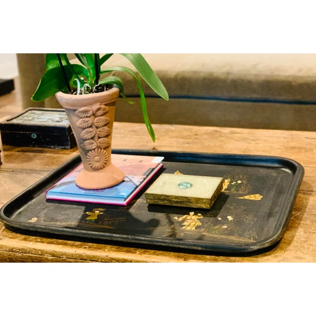 Large Antique 19th Century English Naive Chinoiserie Rolled Rim Painted Rectangular Tole Tea Tray. A black ground that has...