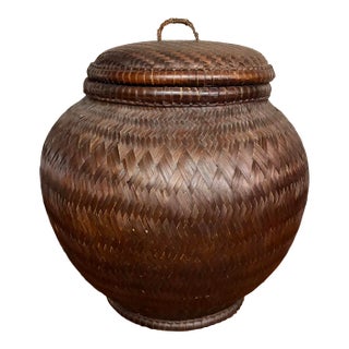 Vintage Handwoven Lidded Basket, Extra Large Storage Vessel For Sale