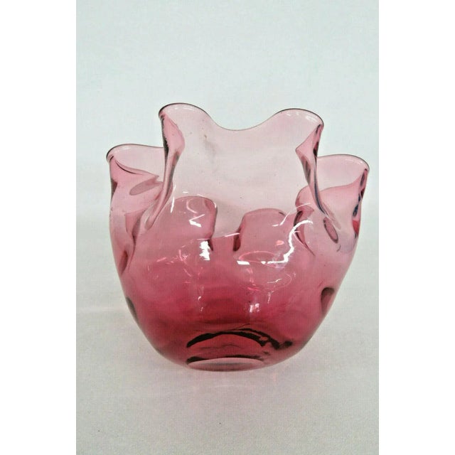 Fenton Thumbprint Style Cranberry Pink Glass Ruffled Rose Bowl Vase For Sale - Image 10 of 11