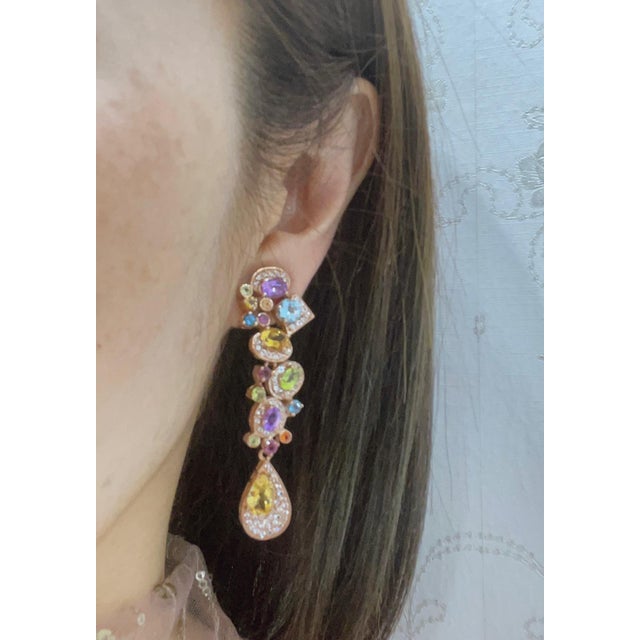 Bochic Vintage Cascading "Capri" Multi Natural Gem Earrings 18K Gold & Silver For Sale - Image 16 of 18