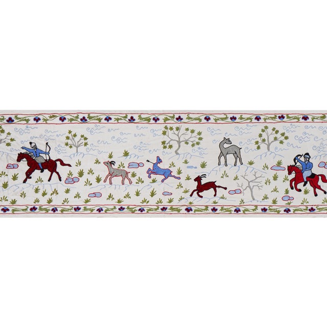 1960s Uzbek Suzani Animal Tablecloth - Silk Cotton Blend Horse Runner 1'6'' X 6'1'' For Sale - Image 5 of 12