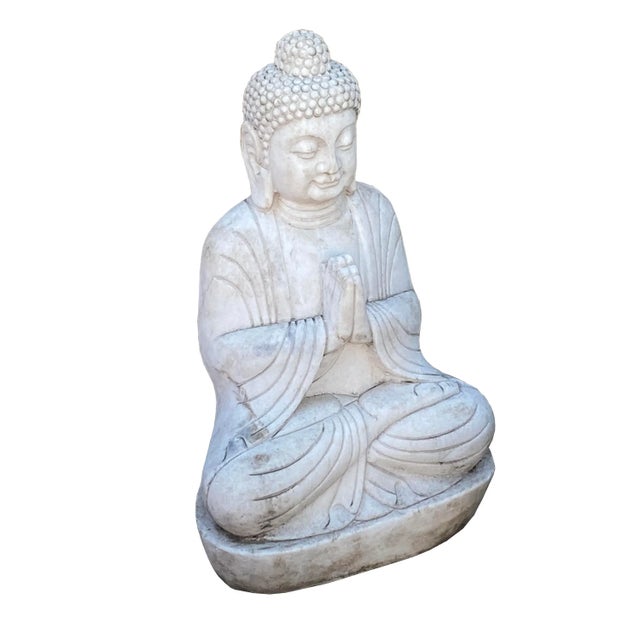 Chinese Chinese Oriental Distressed White Marble Stone Carved Sitting Buddha For Sale - Image 3 of 6