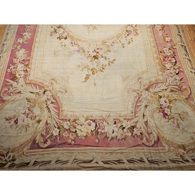 Antique French Aubusson Rug, Handwoven Wool, Floral Pattern, Ivory & Pale Green, 12' X 18' For Sale - Image 12 of 17