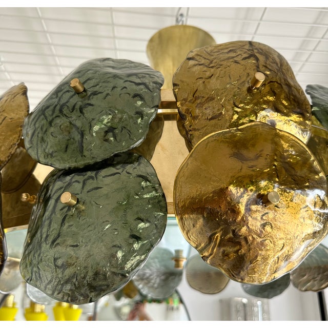 Contemporary Water Lily Chandelier Brass and Murano Glass , Italy For Sale - Image 11 of 12