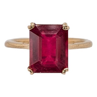 4.8ct Madagascar Ruby Solitaire Ring: Solid 14k Yellow Gold, Emerald Cut, Size 6.75 For Sale