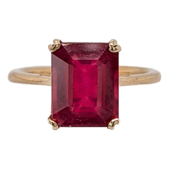 4.8ct Madagascar Ruby Solitaire Ring: Solid 14k Yellow Gold, Emerald Cut, Size 6.75 For Sale