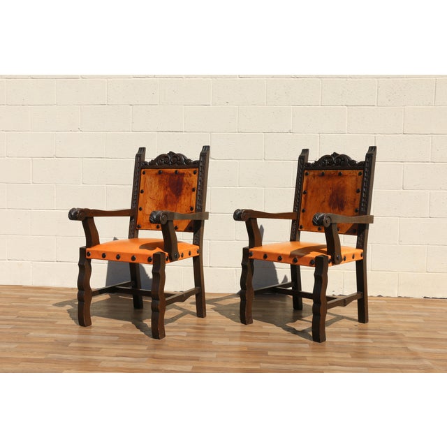 Set of 6 Spanish Revival Carved Wood & Tan Leather Dining Chairs For Sale - Image 12 of 18