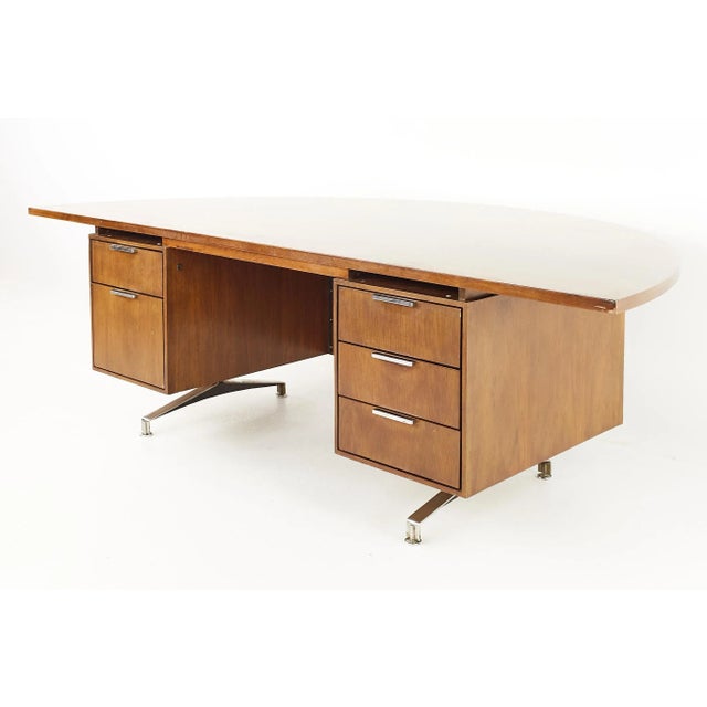 Mid-Century Modern Jens Risom Style Mid Century Half Round Walnut Executive Desk For Sale - Image 3 of 13