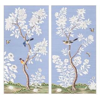 24" *48"/Panel, a Set of 2 Panels Blue Chinoiserie Printed Wallpaper Panels For Sale