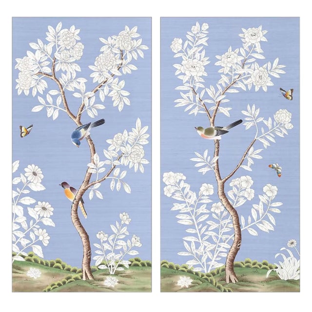 24" *48"/Panel, a Set of 2 Panels Blue Chinoiserie Printed Wallpaper Panels For Sale