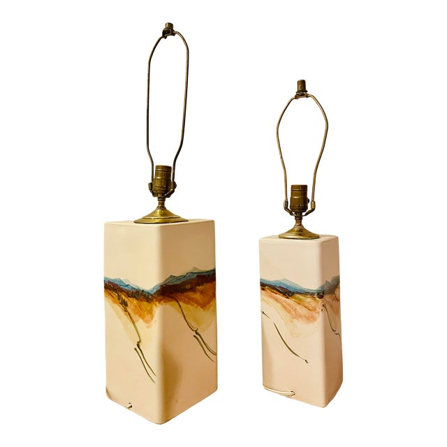 Set of 2 Mid-Century Hand-Painted Ceramic Lamps For Sale