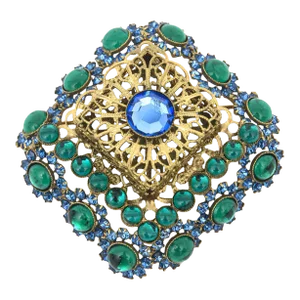 Vintage Hallmarked Hattie Carnegie Brooch With Gilt Metal, Green, Blue Glass