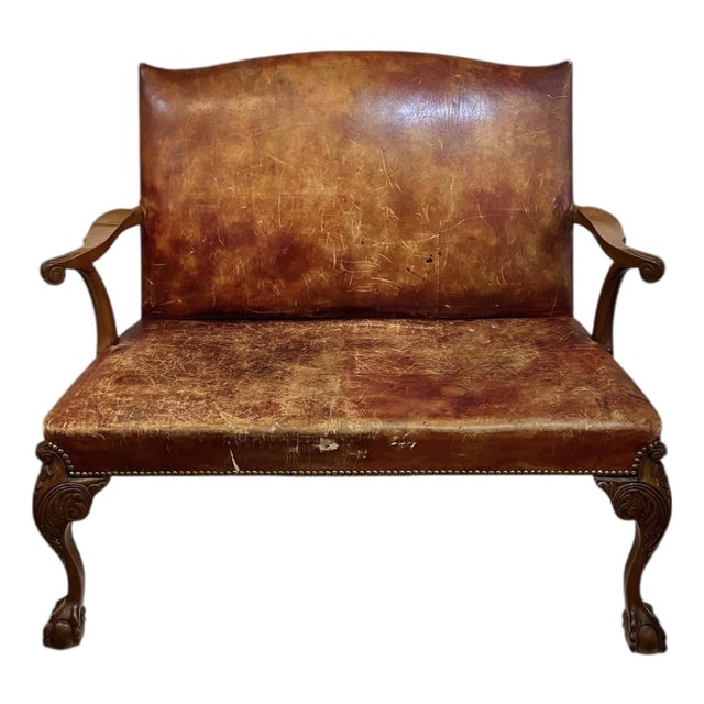 Vintage English Chippendale Style Leather and Mahogany Settee by Maitland & Glascoe For Sale