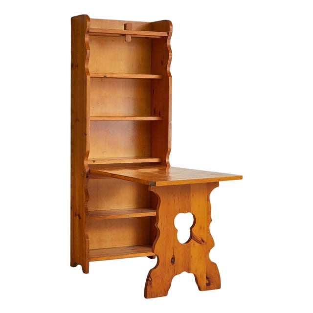 French Pine Fold-Out Dining Table or Desk with Integrated Bookshelf, 1960s For Sale