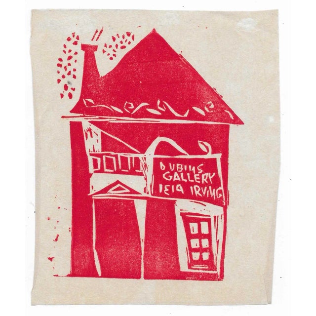 1960s MCM woodblock print of Dubins Gallery and signed Leia Irving in the plate above the door.