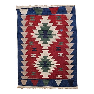 Vintage Turkish Kilim Area Rug, Handwoven Wool, Geometric Pattern, Red & Ivory, 2x3 For Sale