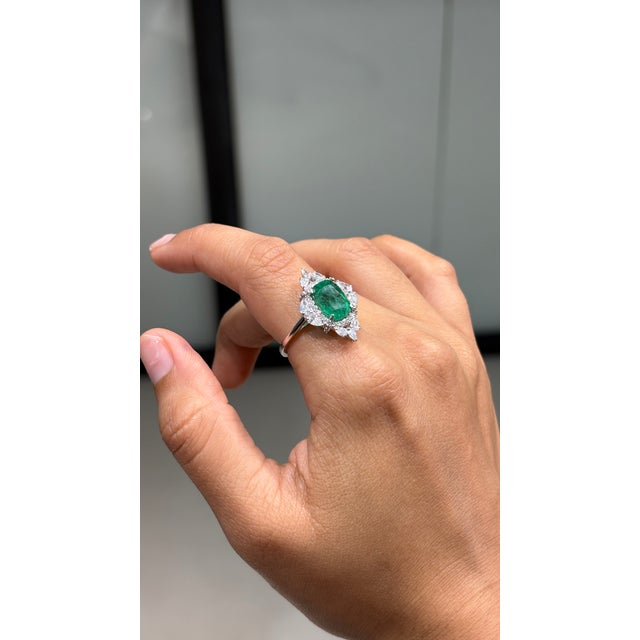 Regal 18k White Gold 3.31ct Zambian Emerald & 1.04ct Diamond Halo Cocktail Ring Size 4 For Sale In New York - Image 6 of 17