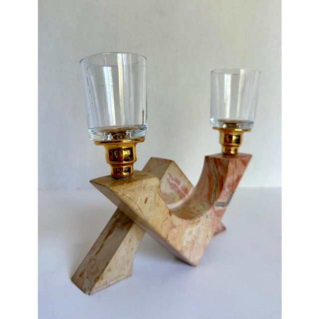 Pink Vintage Postmodern Pink Marble Sculptural Double Candle Holder For Sale - Image 8 of 9