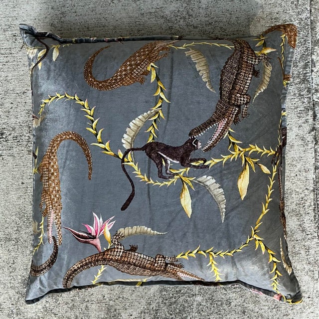 Charcoal Vintage River Chase Printed Velvet Pillow For Sale - Image 8 of 12